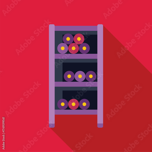 Wine bottles are aging on a purple wine rack, set against a vibrant red wall, creating a visually striking scene