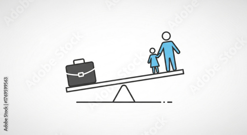 Work life balance concept with a briefcase and a parent and child on a balance scale, , symbolizing family and career