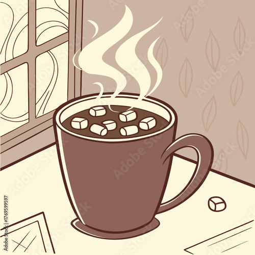 A cup of hot chocolate with marshmallows sitting near a window