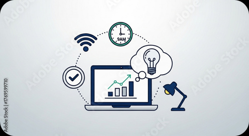 Laptop with business growth chart, surrounded by wifi, clock, lightbulb, checkmark, and desk lamp, representing productivity and innovation