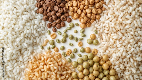 Various cereals, white rice, brown rice, lentils, yellow and green split peas. vegan. diet background,food,white,agriculture,asian,pasta,rice,healthy,diet,nutrition