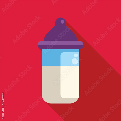 Baby bottle icon containing milk on red background with long shadow