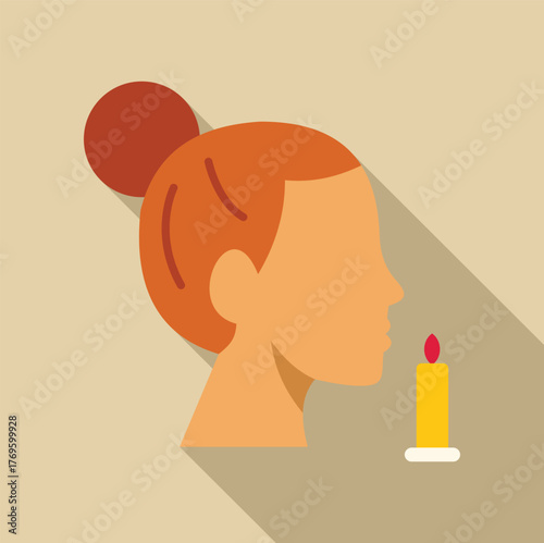 Side view of a woman extinguishing a candle flame, depicted in a minimalist flat design with a prominent long shadow effect