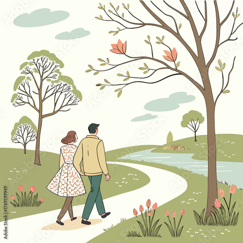 Couple strolling along a winding path in a park on a spring day