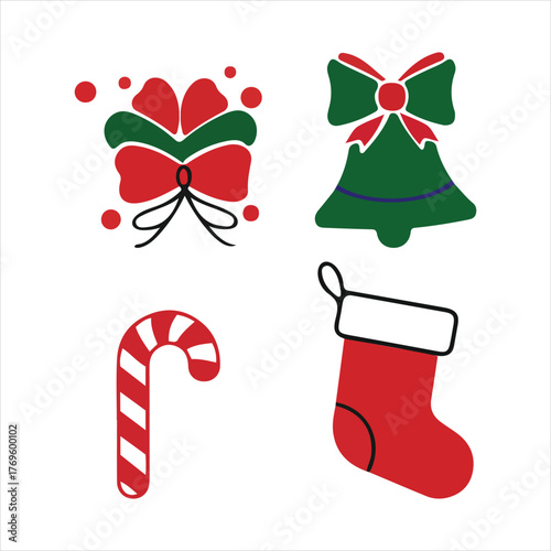 Festive christmas icons featuring a bow wrapped gift a bell a candy cane and a stocking