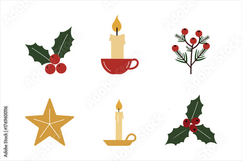 Festive christmas elements collection including holly berries candles and star for holiday design