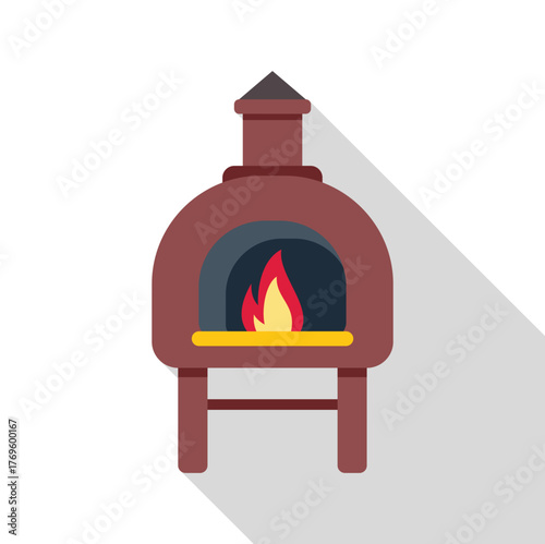 Traditional clay pizza oven burning with a long shadow, ideal for food and cooking projects