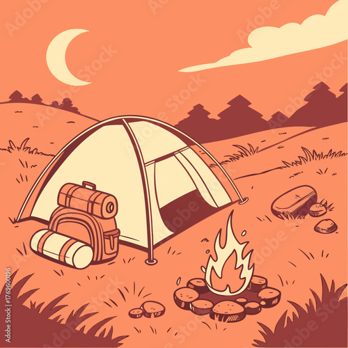 Illustration of a camping scene with tent, campfire, and moonlit night