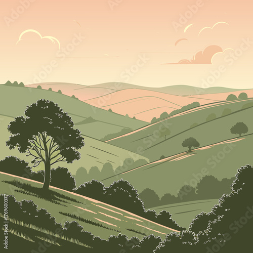 Picturesque rolling hills landscape with a solitary tree under a pastel sky