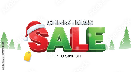 Christmas sale banner featuring the words christmas sale with a santa hat on the letter s and the text up to 50 off