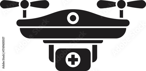 Black silhouette of a drone carrying a first aid kit, representing fast delivery of medical supplies in emergencies