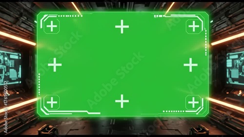 Futuristic Spaceship Corridor with Floating Green Screen Display.