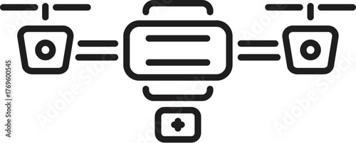 Simple line drawing of a drone carrying a first aid kit, representing medical delivery and emergency services