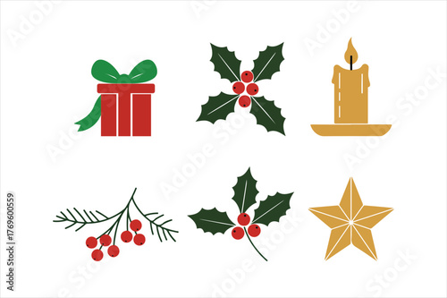 Festive christmas icons set present holly berry candle pine branch star for winter holidays