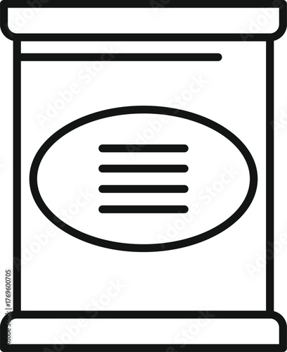 Simple black and white line art of a closed tin can preserving food, isolated on white background