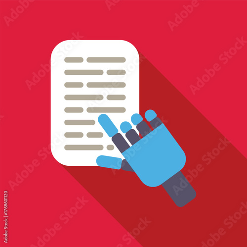 Robotic hand pointing at digital document with long shadow on red background, representing automation, ai and technology
