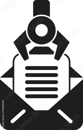 Robotic arm holding a document inside an open mail envelope, symbolizing automation in document processing and mail management