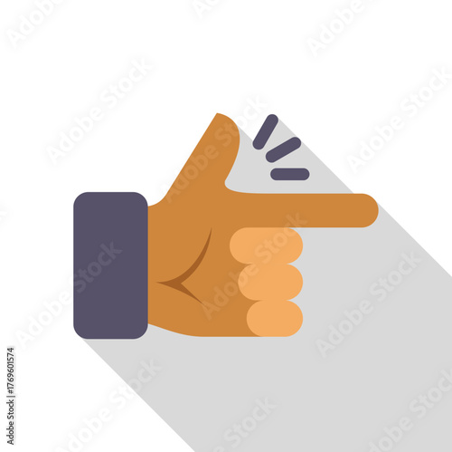 Cartoon hand pointing with index finger and motion lines, in flat design style with long shadow