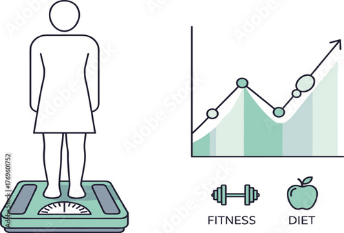 Health and fitness progress tracking with weight scale, diet and exercise icons, upward graph, and wellness improvement concept illustration
