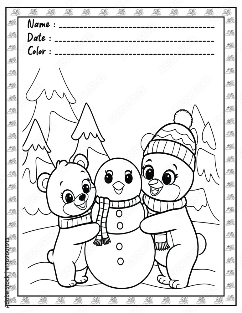 Fototapeta premium Fluffy Friends Bold & Easy Coloring Page with Cute Animals for Adults and Kid. High resolution (300 DPI), Ready to print on standard 8.5x11-(A4) inch paper With (No Bleed), Black and White. Vector ill