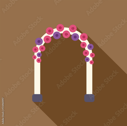White wedding arch decorated with pink and purple flowers, perfect for outdoor ceremonies