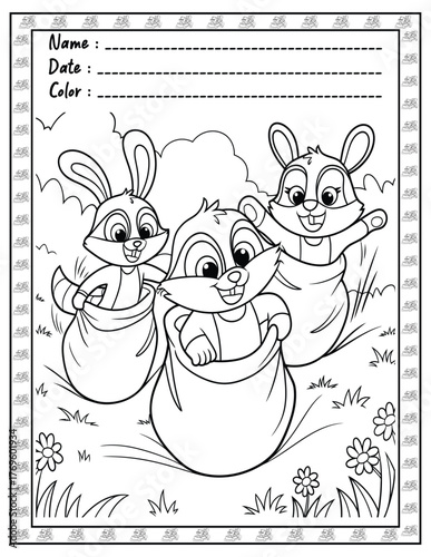 Fluffy Friends Bold & Easy Coloring Page with Cute Animals for Adults and Kid. High resolution (300 DPI), Ready to print on standard 8.5x11-(A4) inch paper With (No Bleed), Black and White. Vector ill