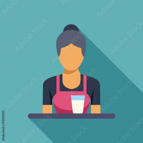 School canteen worker wearing apron serving glass of milk behind counter