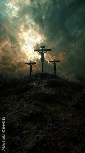 Three Crosses on Calvary Hill with Dramatic Sky, Crucifixion of Jesus Christ, Religious Symbolism, Easter, Good Friday, Faith, and Redemption