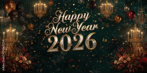 Happy New Year 2026: Glittering Golden Typography with Festive Ornaments, Gifts, and Red & Gold Celebration Decor