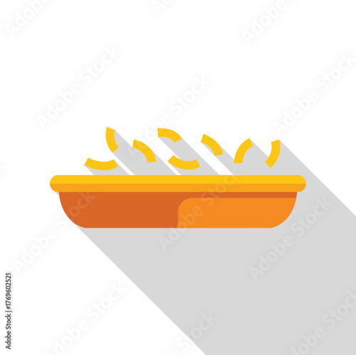 Macaroni elbows falling in an orange dish with long shadow effect, viewed from the side