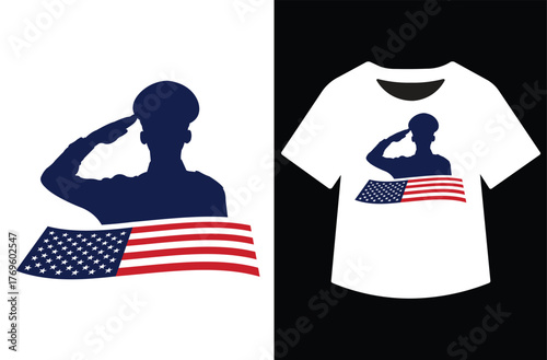 Veterans Day design: silhouetted soldier saluting the American flag. Text "VETERANS DAY" and "THANK YOU FOR YOUR SERVICE" shown on a design and a white t-shirt mockup. Patriotic tribute.
