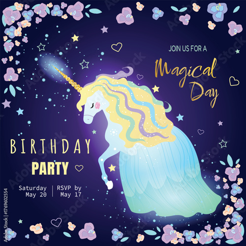 Vector invitation for a girl’s birthday party with a cute unicorn, pastel colors, glowing horn, and watercolor floral decorations. Perfect for children’s party cards, posters, or printable templates