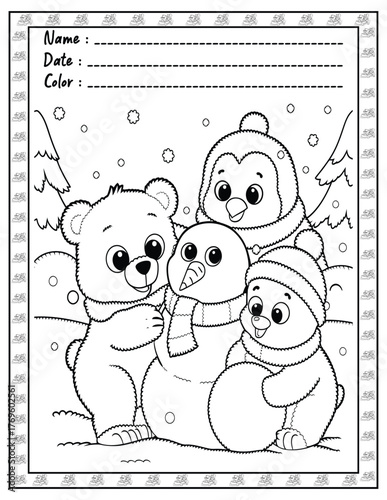 Fluffy Friends Bold & Easy Coloring Page with Cute Animals for Adults and Kid. High resolution (300 DPI), Ready to print on standard 8.5x11-(A4) inch paper With (No Bleed), Black and White. Vector ill