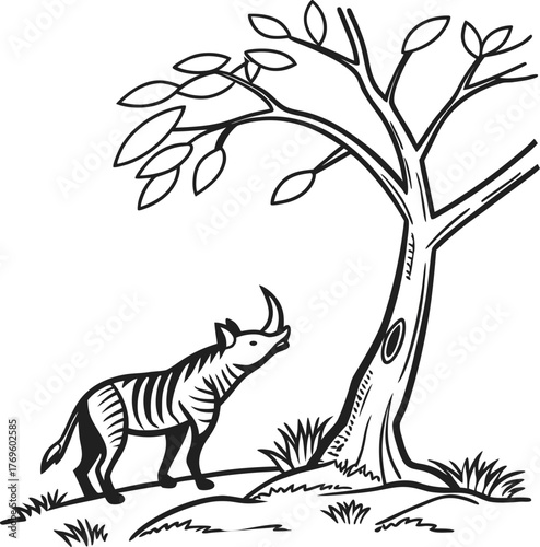 Majestic elephant under a tree at dusk detailed outline art style isolated on transparent background