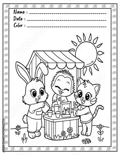 Fluffy Friends Bold & Easy Coloring Page with Cute Animals for Adults and Kid. High resolution (300 DPI), Ready to print on standard 8.5x11-(A4) inch paper With (No Bleed), Black and White. Vector ill