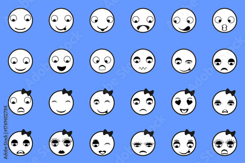 Various forms of male and female character face emoji icons, isolated on a blue background, vector