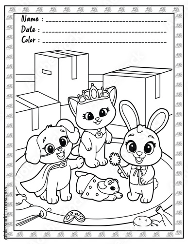 Fluffy Friends Bold & Easy Coloring Page with Cute Animals for Adults and Kid. High resolution (300 DPI), Ready to print on standard 8.5x11-(A4) inch paper With (No Bleed), Black and White. Vector ill