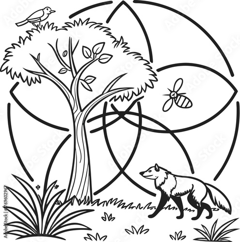 Mystical tree of life with ancient symbols and woodland creatures isolated on transparent background