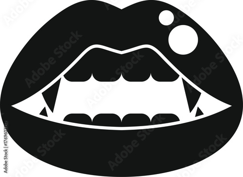 Vampire biting lips showing fangs and teeth in monochrome style