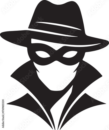 Mysterious Detective Spy Masked Man Logo Black Hat & Trench Coat Vector