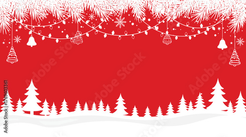 A serene christmas scene featuring white trees, snow, and a garland of lights against a vibrant red background, creating a festive and wintry atmosphere