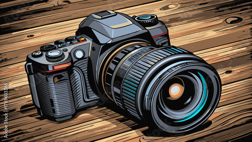 Photographic Equipment on Wooden Surface An Artistic Representation of a Sophisticated Camera with a Detailed Lens, Shadow Play, and Intricate Detailing Capturing the Essence of Professional 