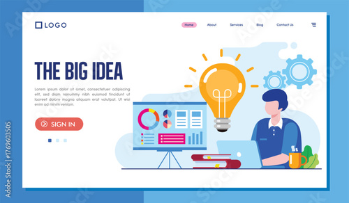 A creative representation of a big idea, highlighting business innovation and development, showcasing analytical thinking through visuals of light bulbs and graphs.