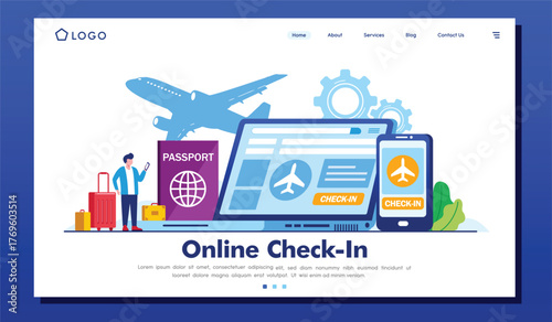 This image depicts the seamless online check-in process for travelers, focusing on convenience, technology, travel documents, and smooth journey preparation.