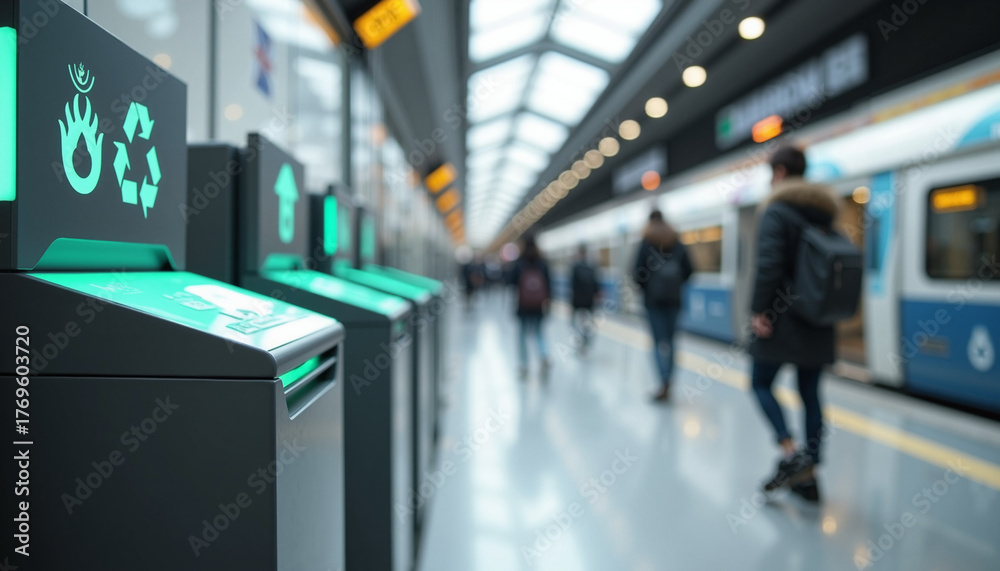 Obraz premium Recycling machine, a set of automated machines for recycling bottles and cans in modern metro station. Recycling machine accepts recyclable materials and rewards users with credit,