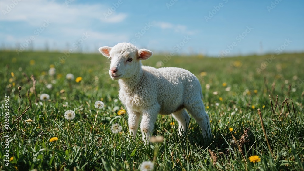 Fototapeta premium Happy Little Lamb in a field with dandelions and yellow flowers on a sunny day.