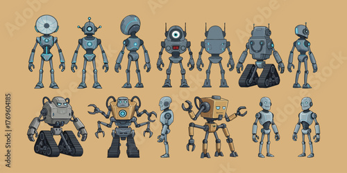 Collection of Diverse Cartoon Robots in Various Poses and Designs.