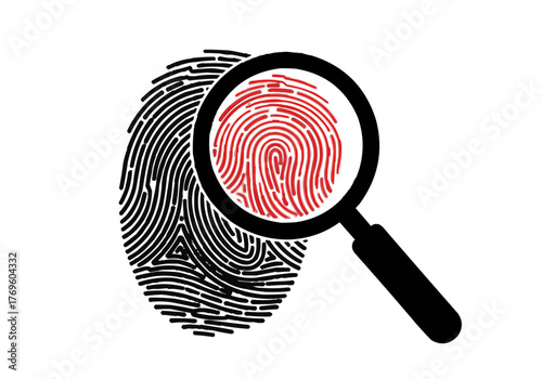 A fingerprint under a magnifying glass showing red detail on white background for investigation use case on transparent background