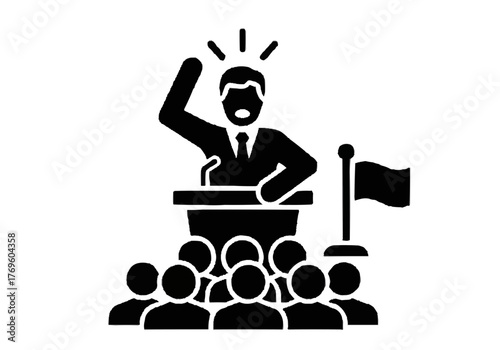 Illustration of a political speaker standing at a podium with a crowd and a flag behind him in black on transparent background