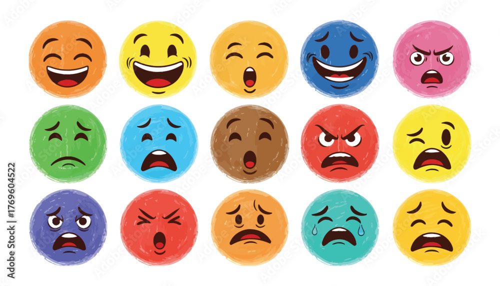 Obraz premium Colorful emoji faces expressing various emotions in a vibrant display of feelings.